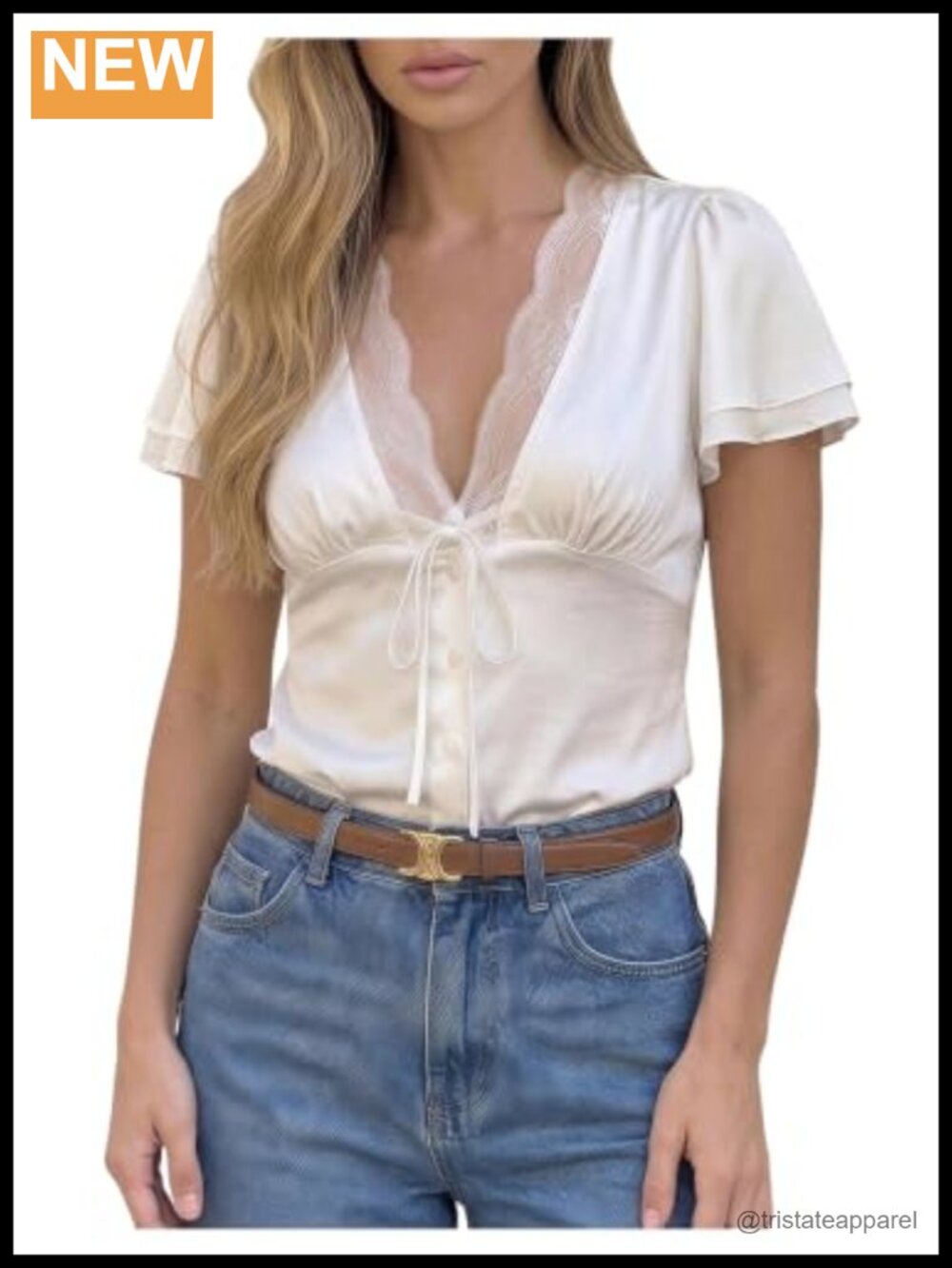 Flutter Sleeve Satin Blouse Button Front V Neck Lace Trim